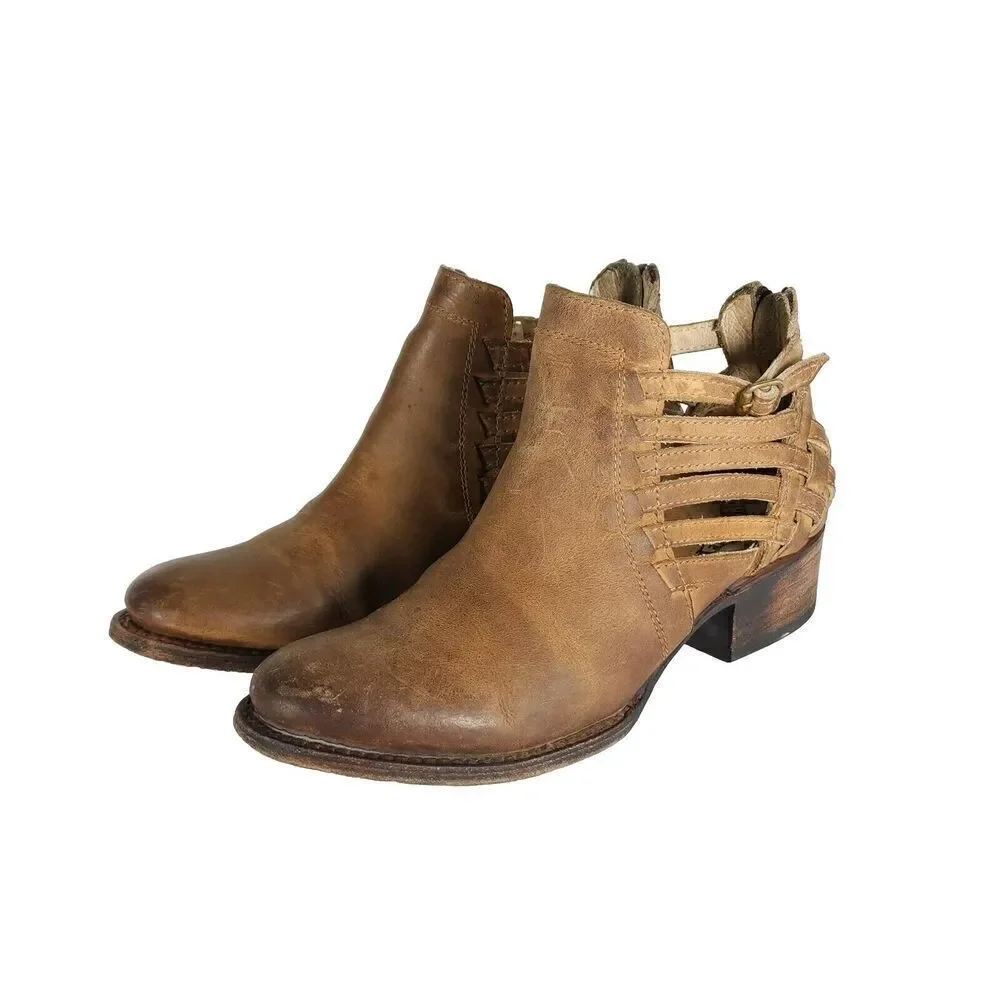 Freebird By Steven Women's Slate US7M Distressed Brown Leather Strappy Booties